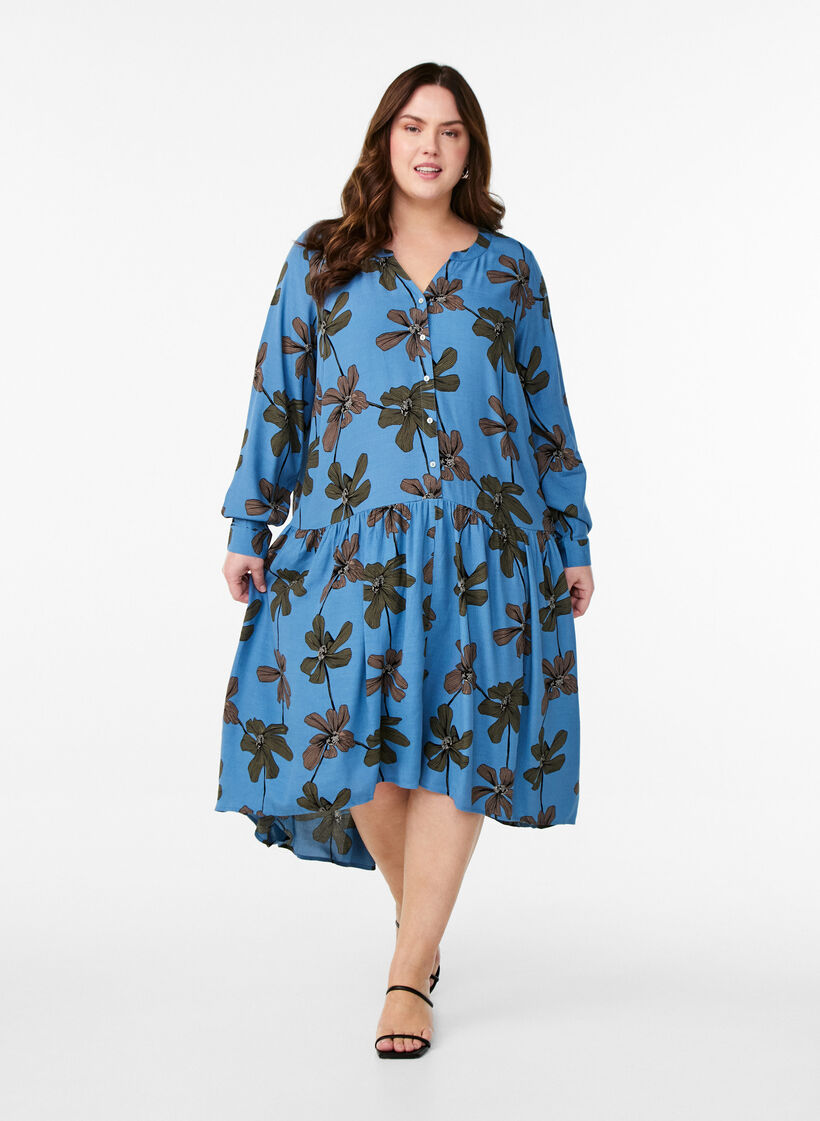 Printed viscose midi dress with long sleeves, Blue, Model image number 1