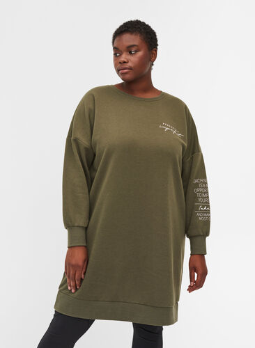 Mottled sweater dress with round neck, Olive Night, Model image number 0