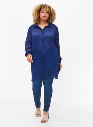 Long shirt with lace details, Evening Blue, Model image number 3