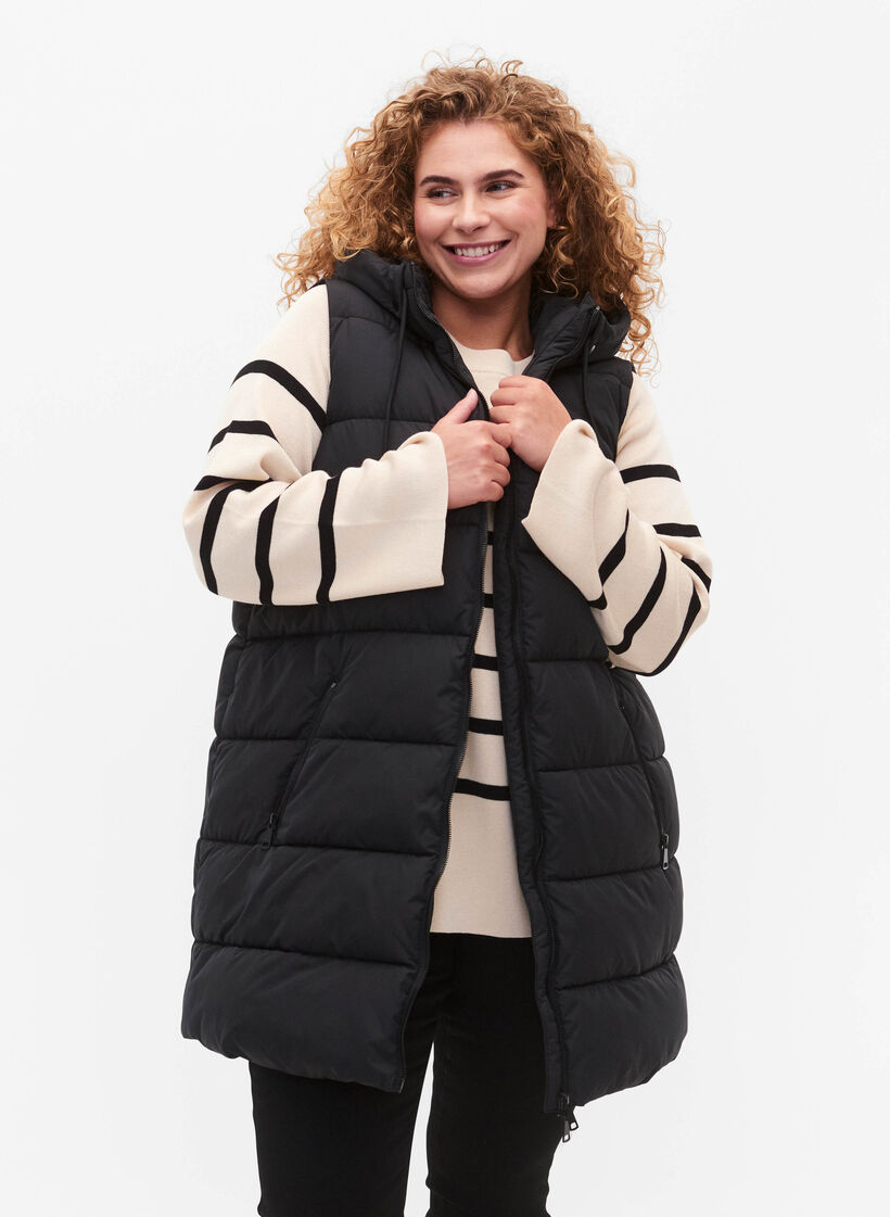Long vest with hood and pockets, Black, Model image number 0