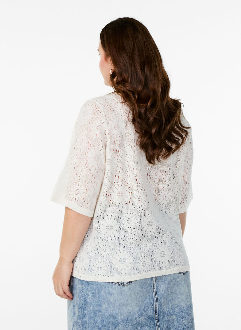 Blouse with an openwork pattern and short sleeves, Beige, Model image number 2