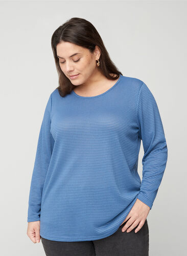 Long-sleeved blouse with round neck, Bijou Blue, Model image number 0