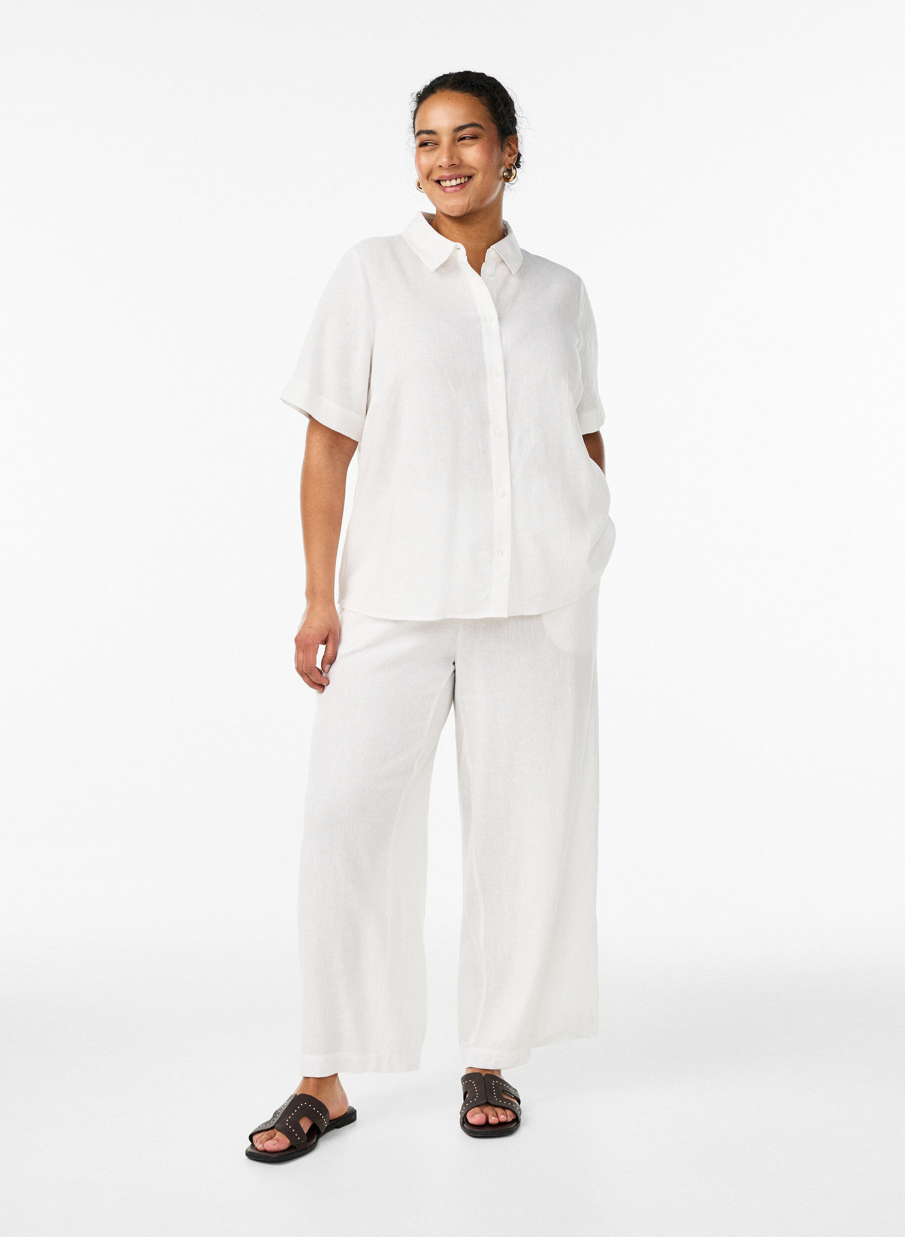 Zizzifashion Short-sleeved shirt in linen and viscose, White, Model image number 1
