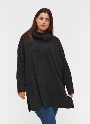 Marled, roll neck knitted poncho with slits, Black, Model image number 0