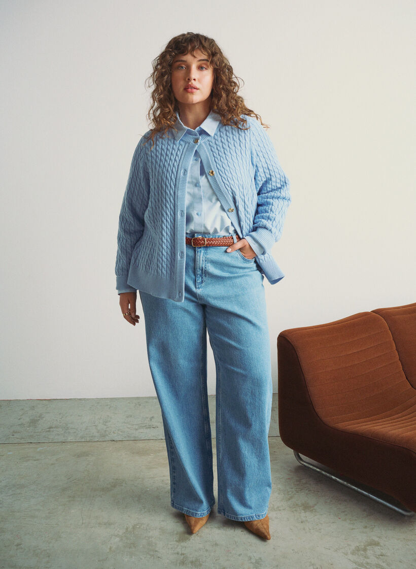 Cable knit cardigan with golden buttons, Blue, Image image number 0