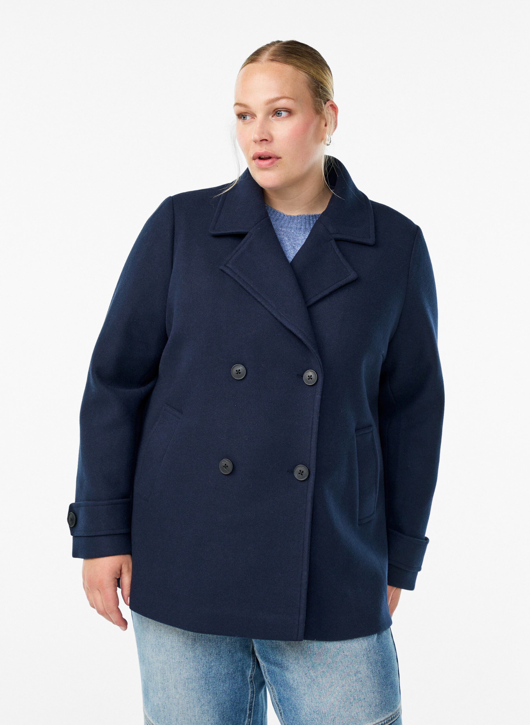 ZizzifashionShort coat with double-breasted button closure, Blue, Model image number 0
