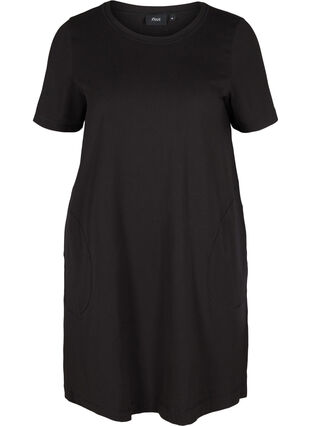 Short-sleeved cotton dress with pockets, Solid Black, Packshot image number 0