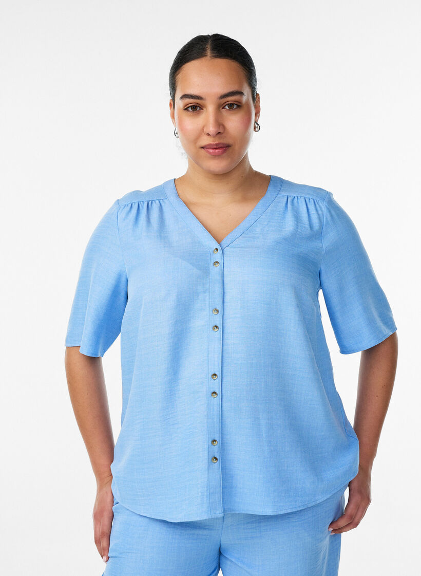 V-neck shirt blouse with short sleeves, Light Blue, Model image number 0