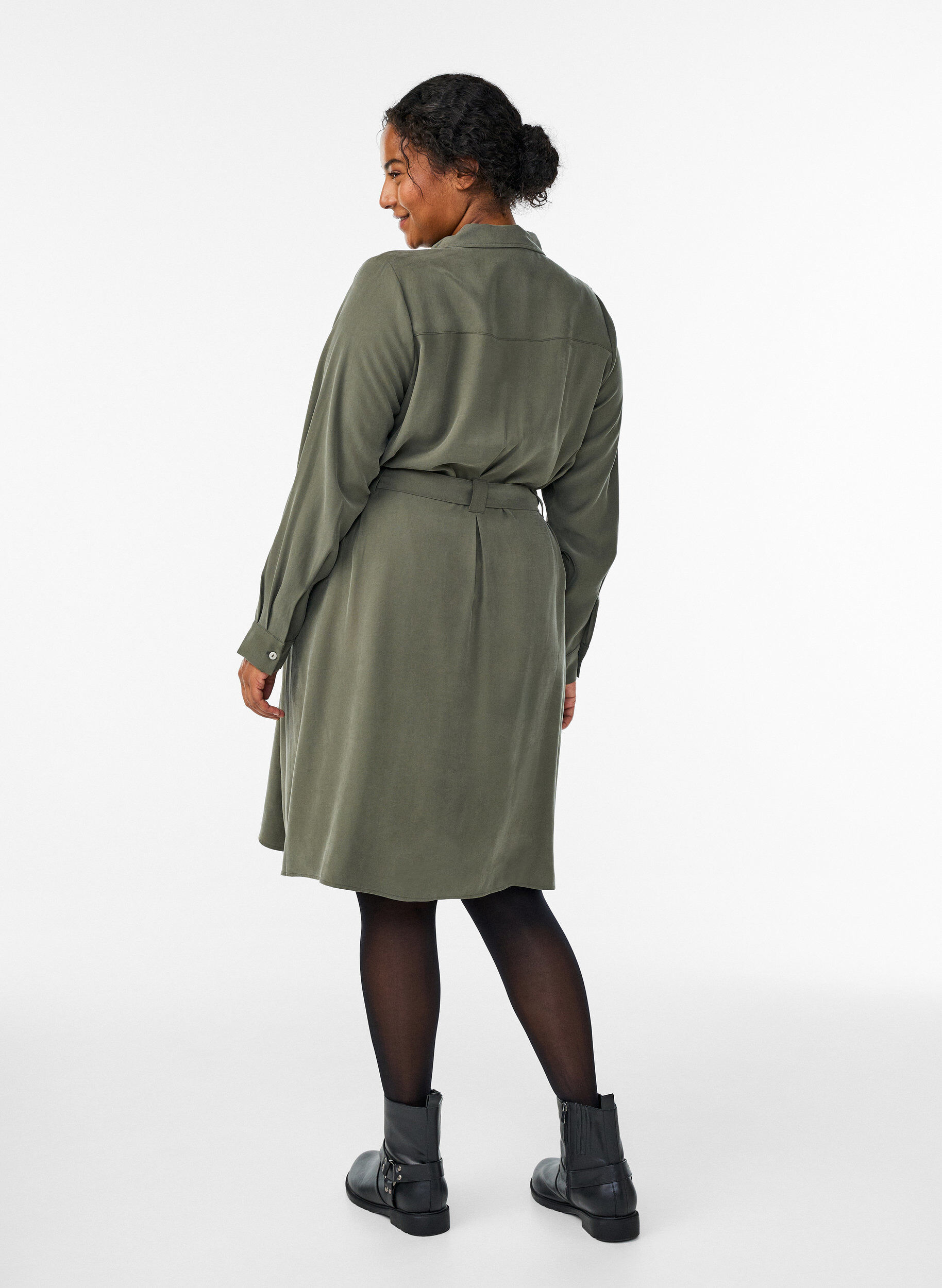 Zizzifashion Shirt dress with tie belt and long sleeves, Green, Model image number 2