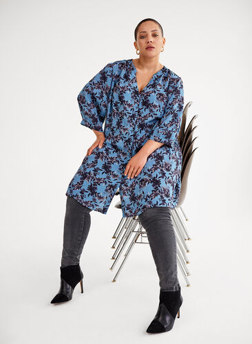 Viscose tunic with 3/4 sleeves and floral print, Blue w. Flower AOP, Image image number 0