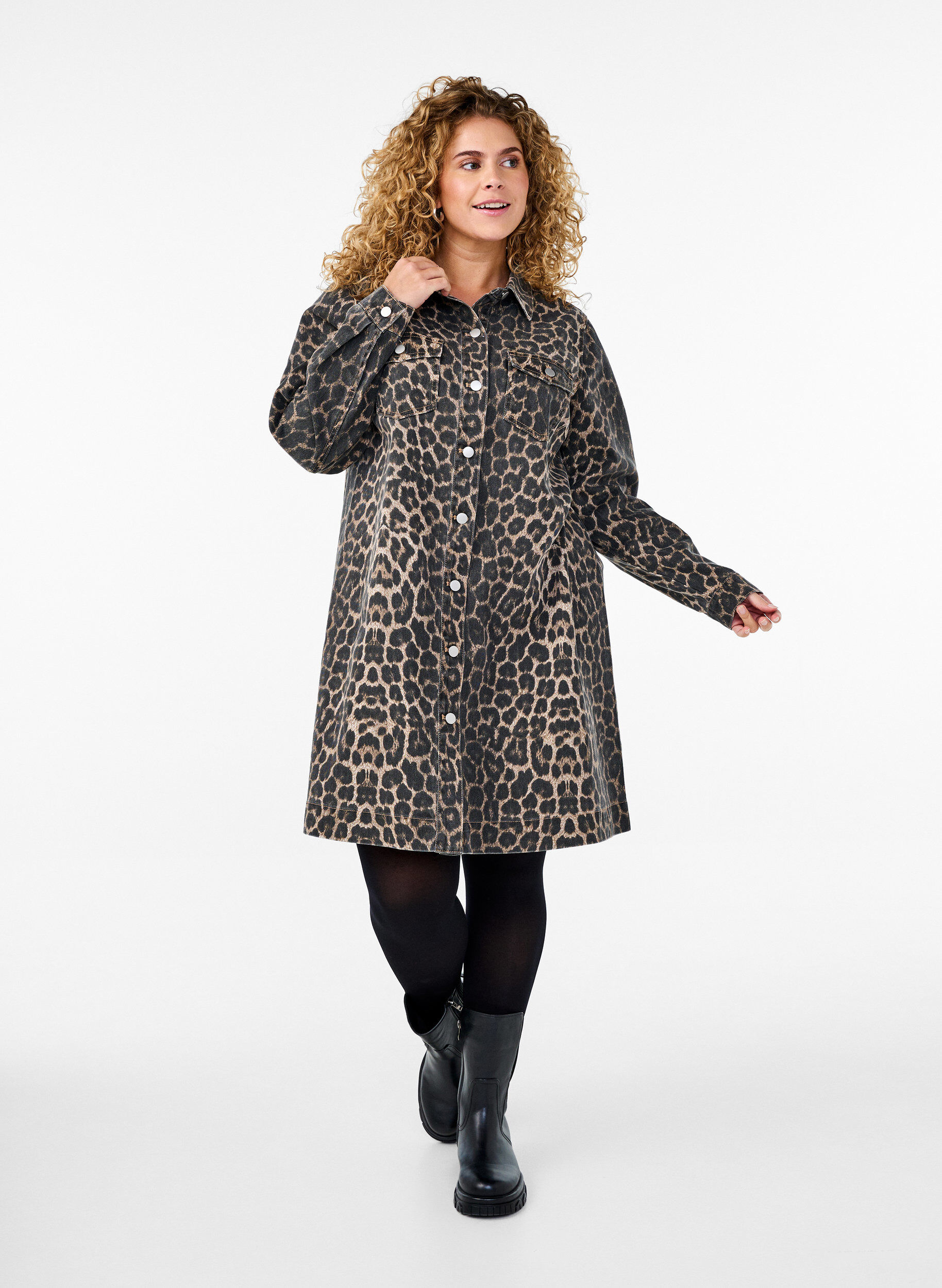 Zizzifashion Long-sleeved denim dress with leopard print, Brown, Model image number 1