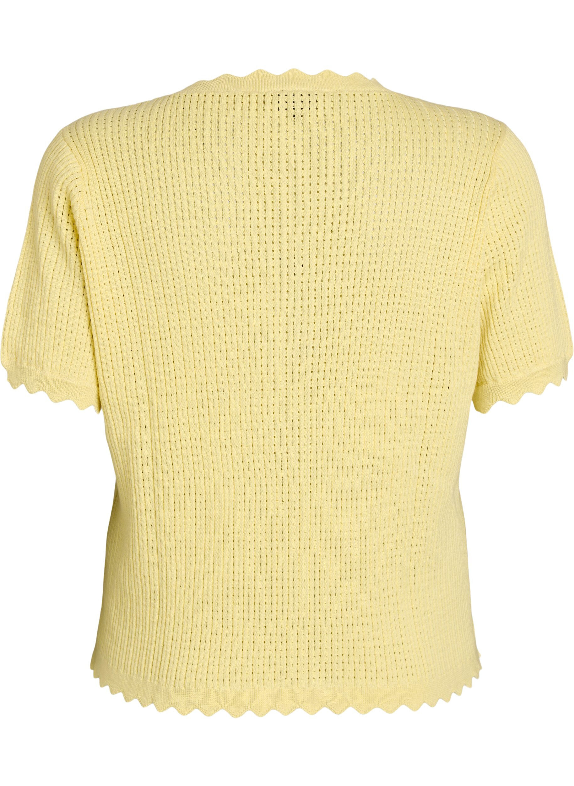 Zizzifashion Short-sleeved knit blouse with openwork pattern and wavy edges, Yellow, Packshot image number 1