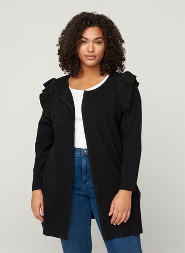 Knitted cardigan with ruffles and pockets, Black, Model image number 0