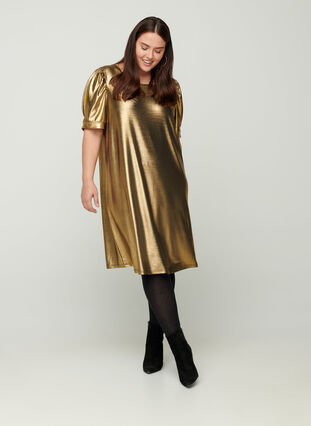 A-line dress with short puff sleeves, Gold, Model image number 2