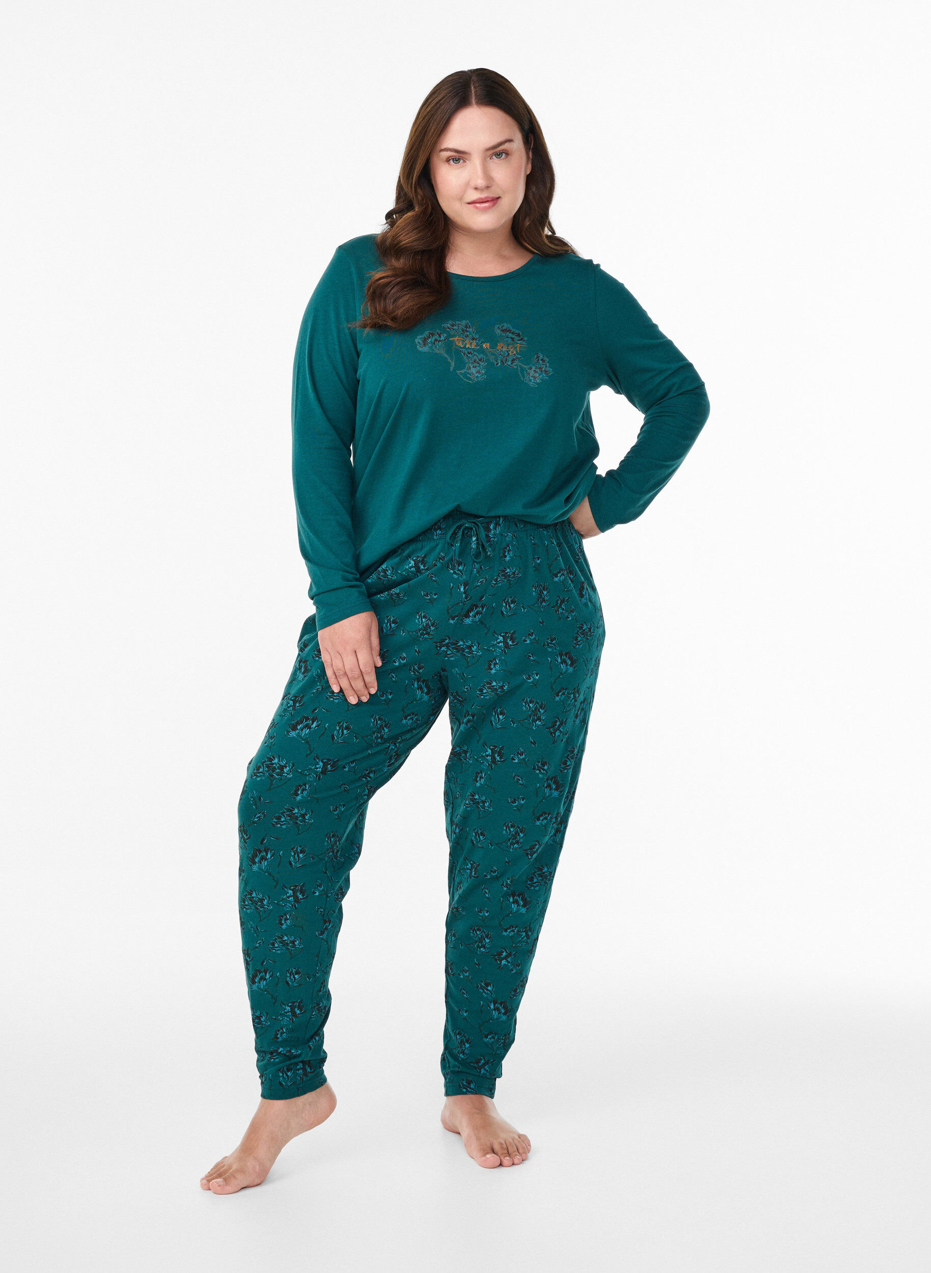 Zizzifashion Night top in cotton with front print, Turquoise, Model image number 1