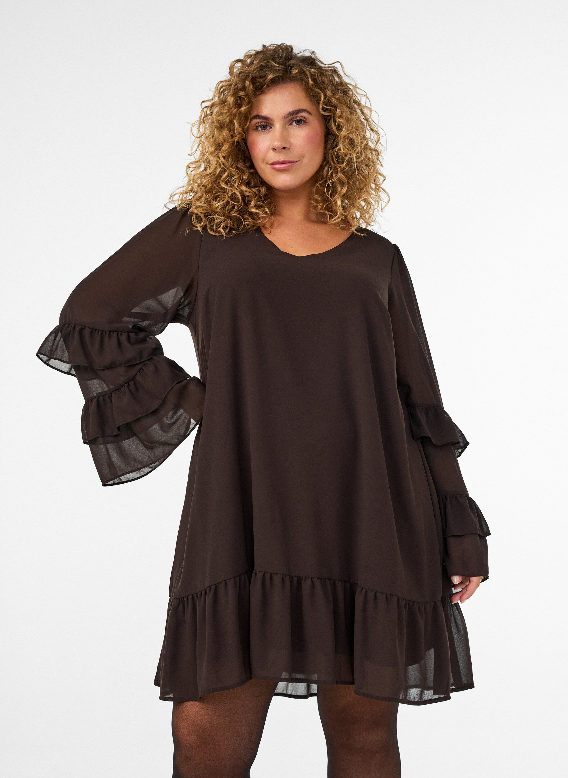 ZizzifashionShort dress with sheer ruffle sleeves, Brown, Model image number 0