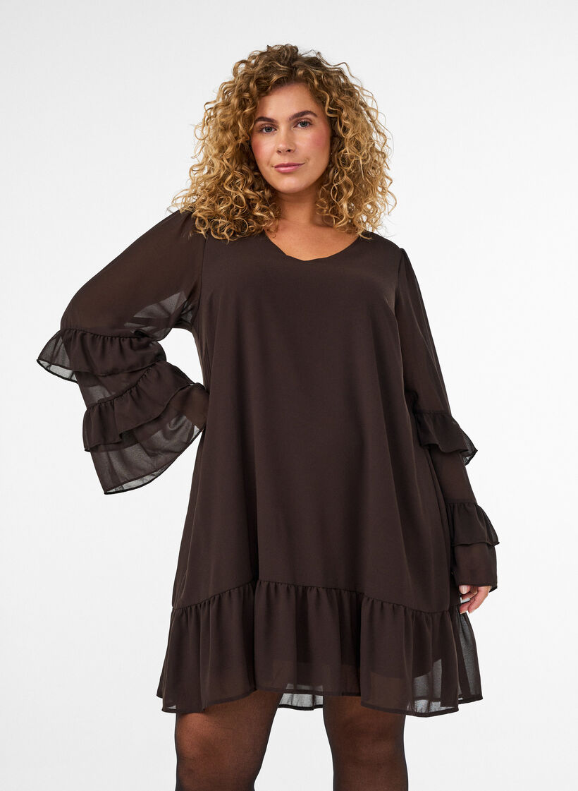 Short dress with sheer ruffle sleeves, Brown, Model image number 0