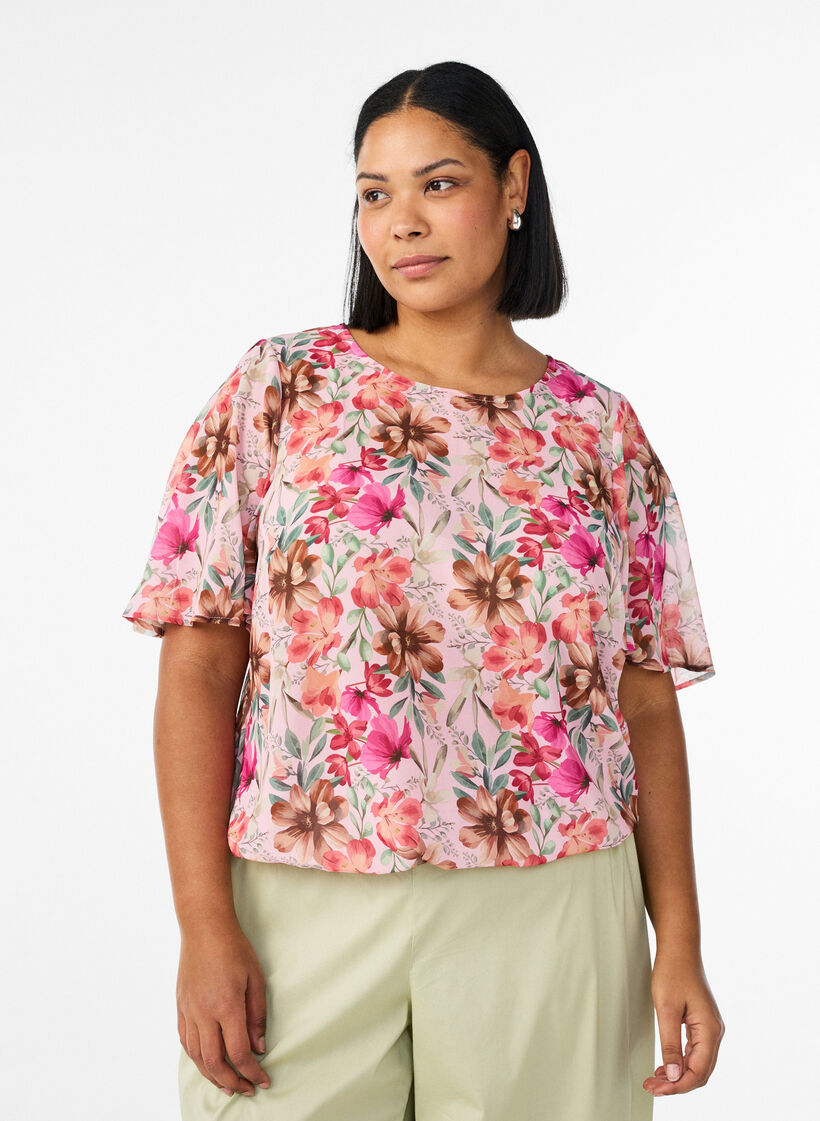 Floral blouse with short sleeves and smock, Rose, Model image number 0