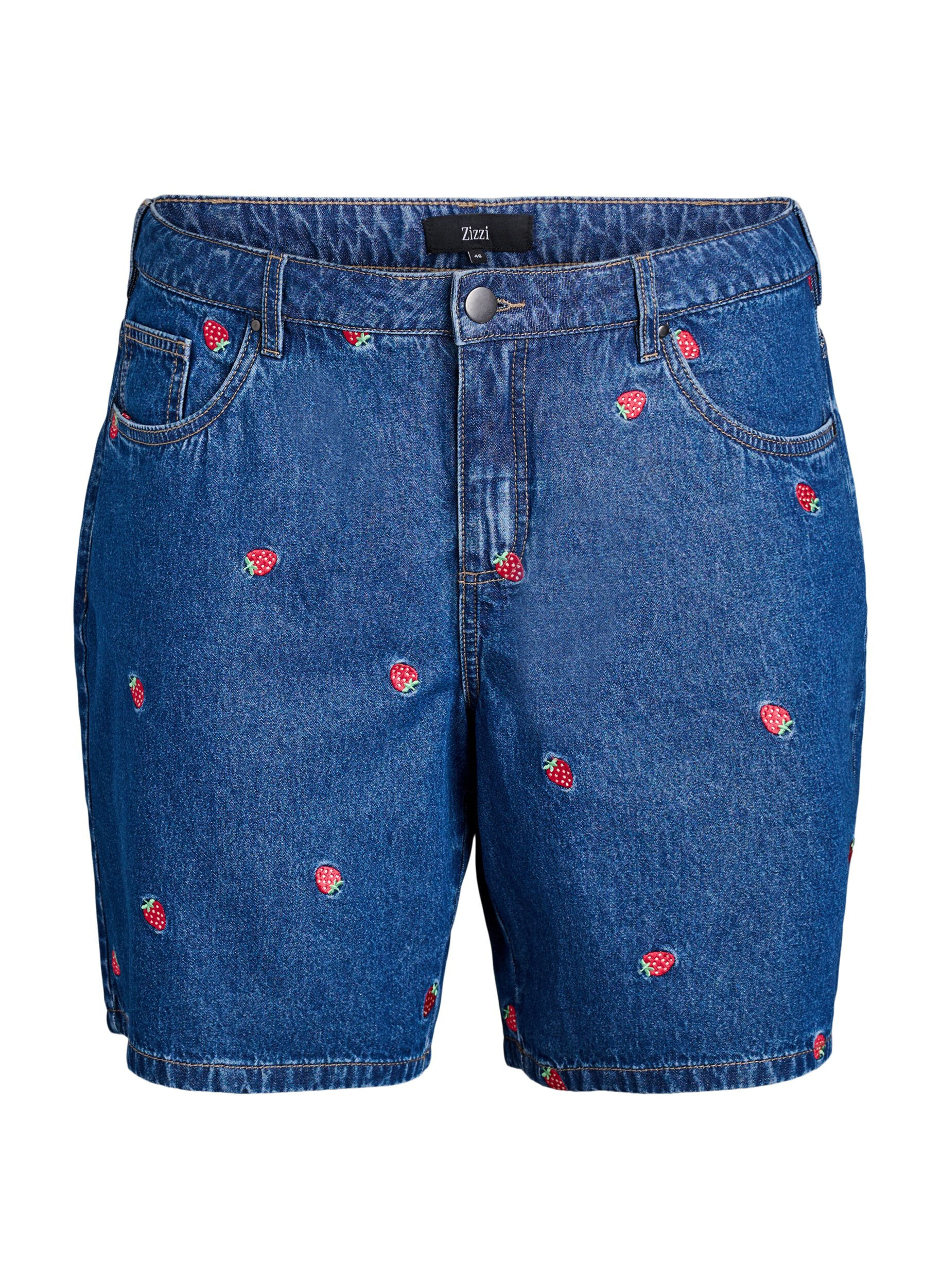 Zizzifashion Denim shorts with embroidered strawberries, Blue, Packshot image number 0