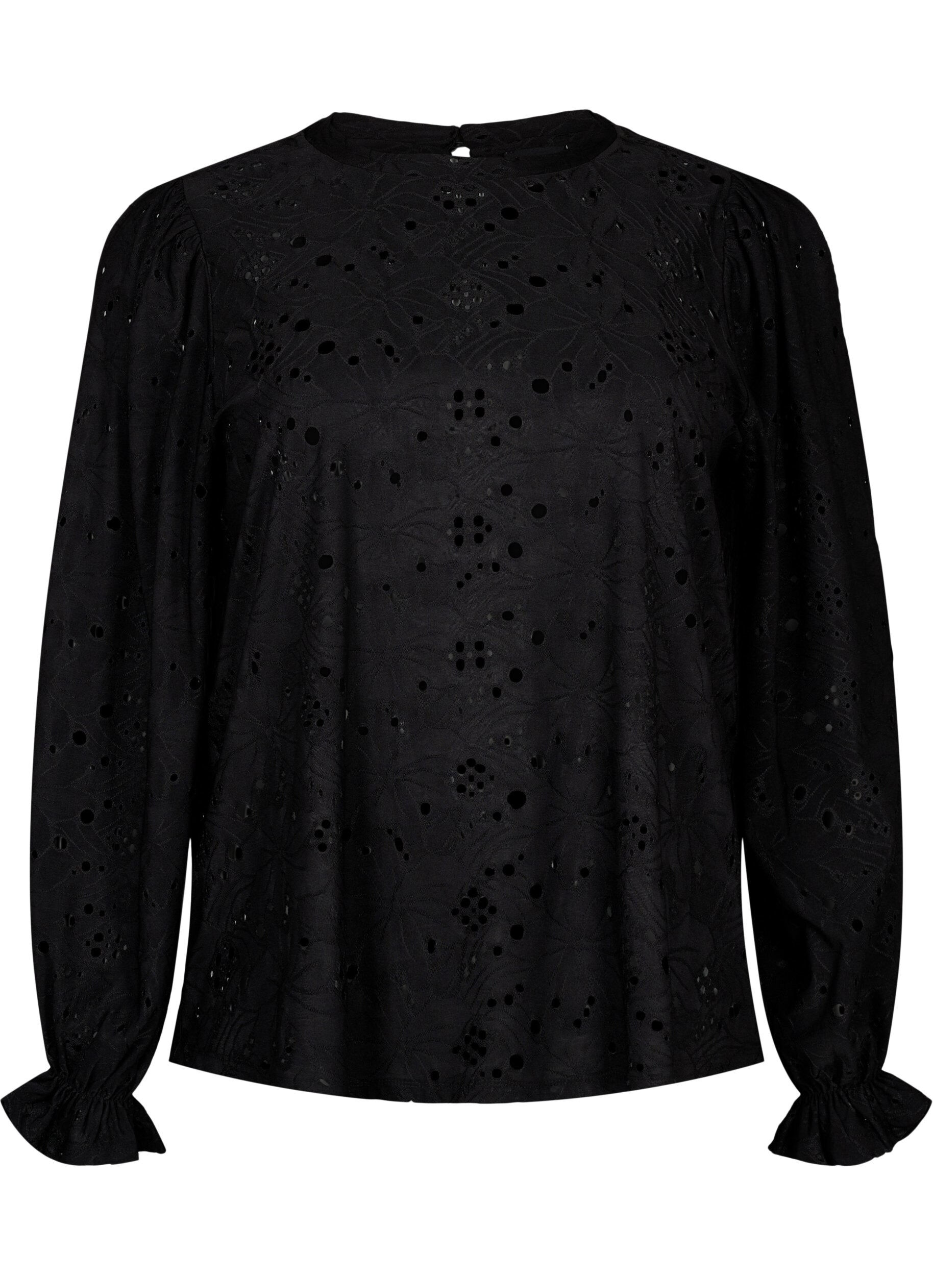Zizzifashion Long-sleeved blouse with hole pattern, Black, Packshot image number 0