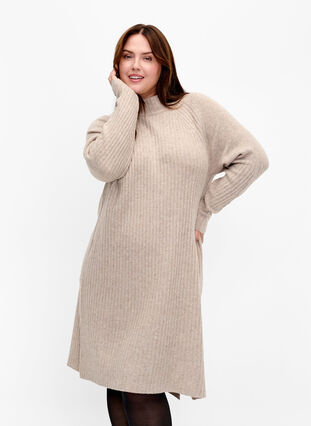 Ribbed Knit Dress with Turtleneck, Simply Taupe Mel., Model image number 0