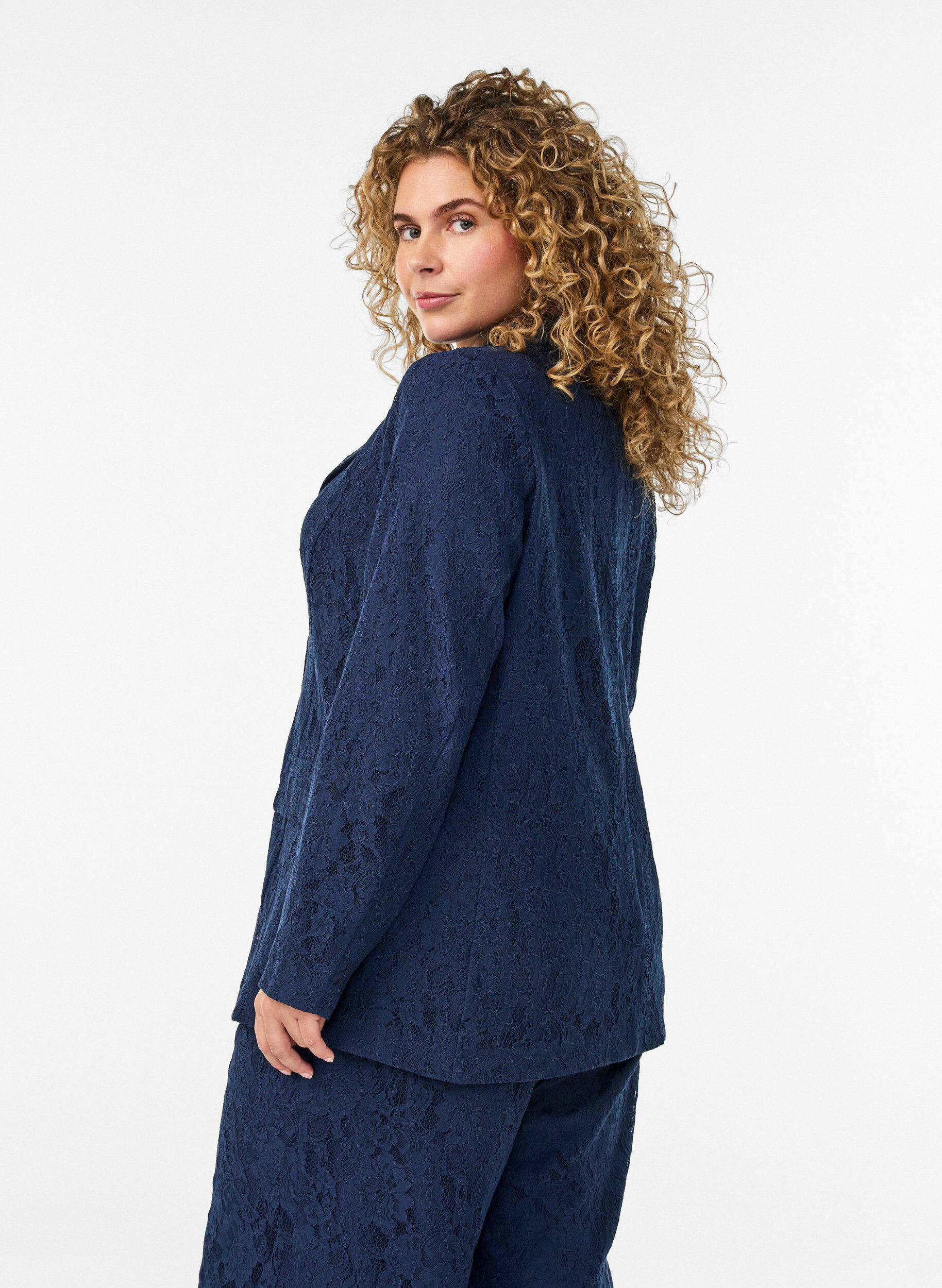 Zizzifashion Lace blazer with button closure, Blue, Model image number 2