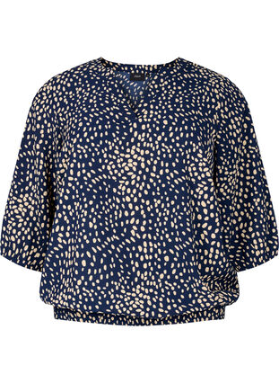 Blouse with smock and 3/4 sleeves, Navy B./Beige Dot, Packshot image number 0