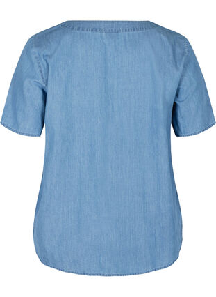Short-sleeved denim blouse in cotton, Medium Blue Denim, Packshot image number 1