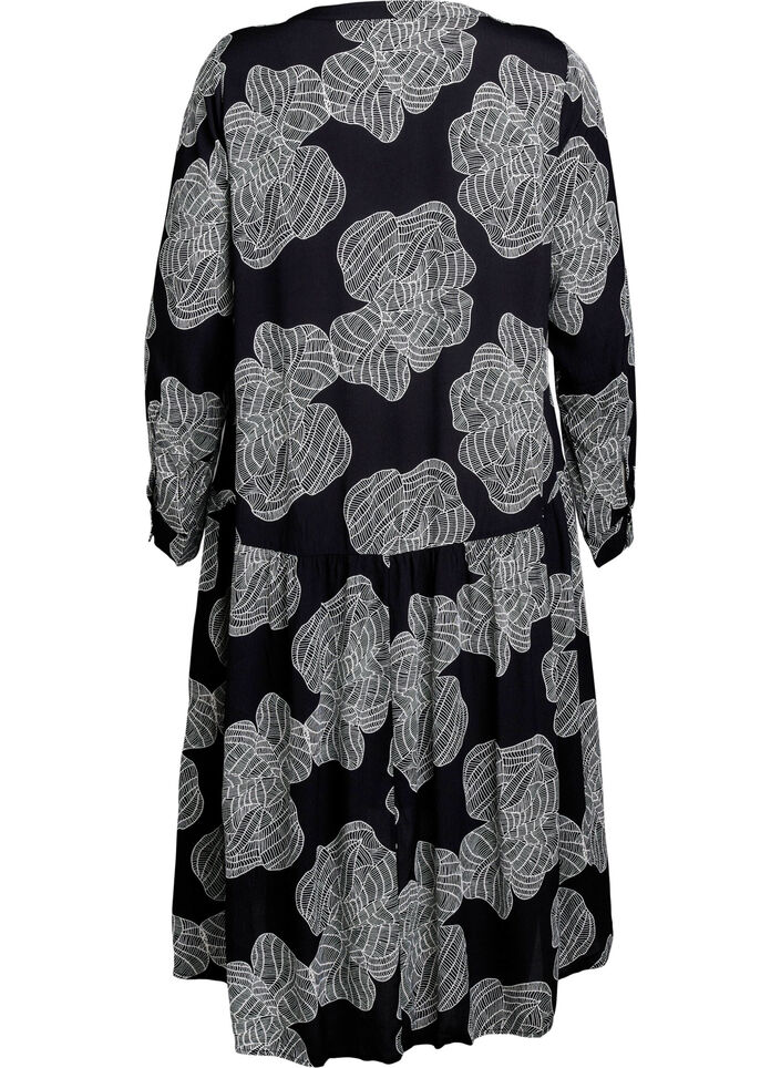 Printed viscose midi dress with long sleeves, Black, Packshot image number 1