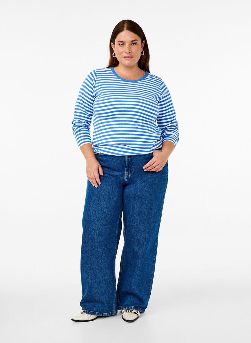 Striped blouse with long sleeves, Blue, Model image number 1