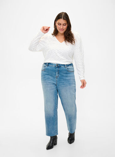 7/8 jeans with raw hems and high waist, Light blue denim, Image image number 0