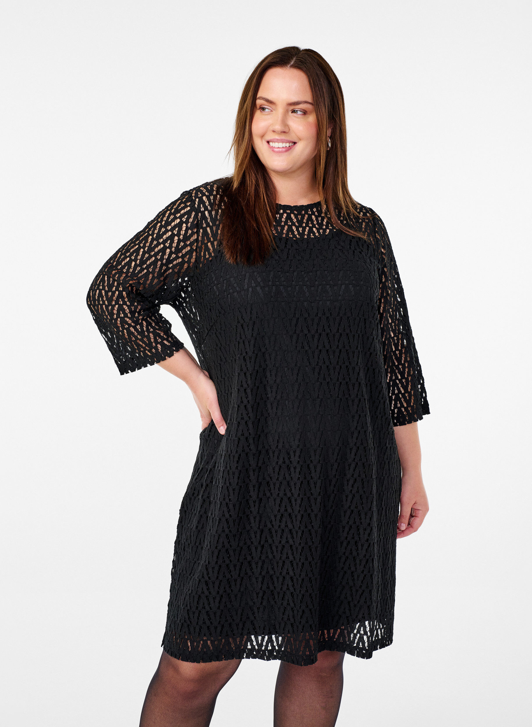 Zizzifashion  Lace dress with 3/4 sleeves, Black, Model image number 0