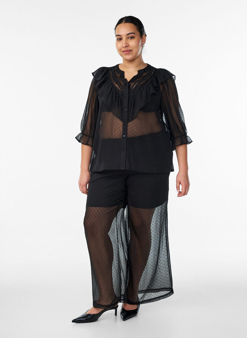 Sheer shirt blouse with dots and ruffle details, Black, Model image number 1