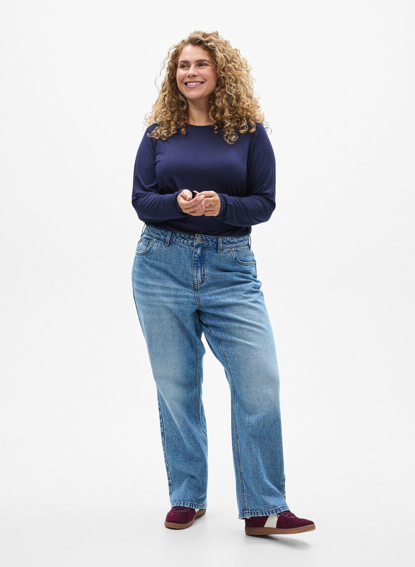 Solid coloured blouse with long sleeves, Blue, Model image number 1