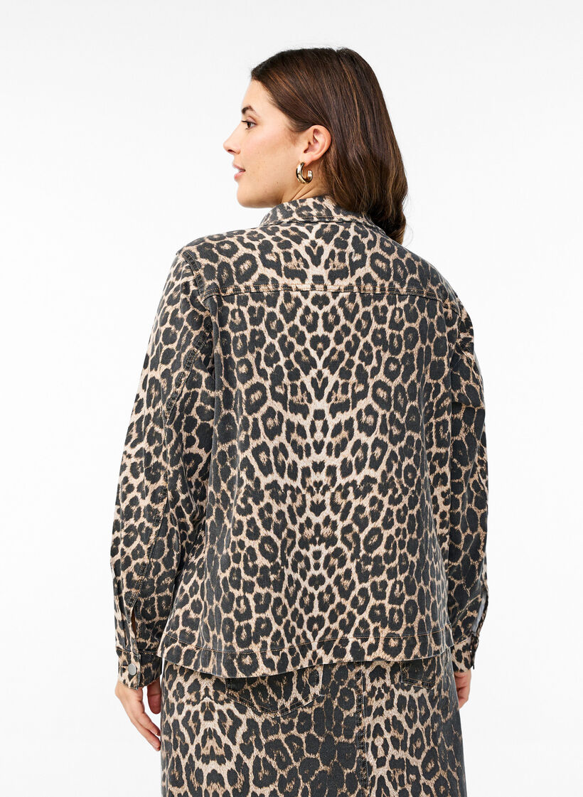 Denim jacket with leopard print and chest pockets, Brown, Model image number 2