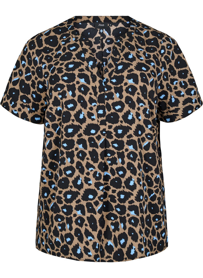 Short-sleeved blouse with a V-neck, Brown, Packshot image number 0