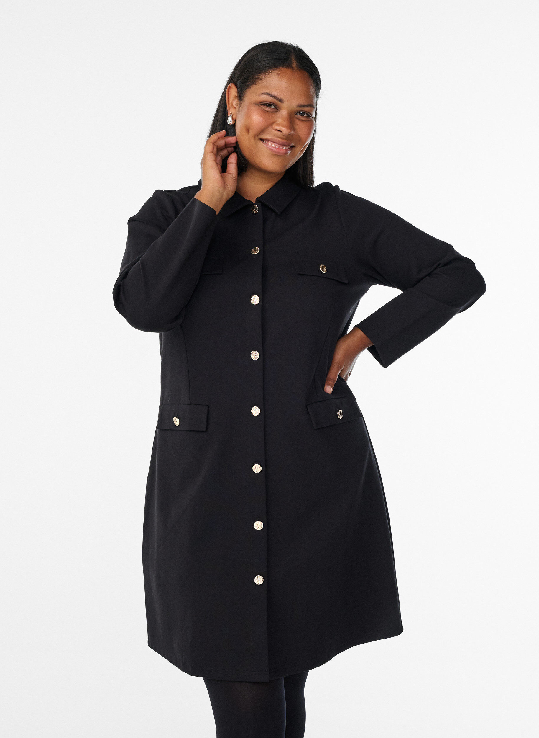 Shirt dress with decorative buttons, Black, Model