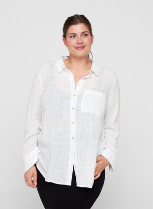 Long-sleeved shirt in textured cotton, White, Model image number 0