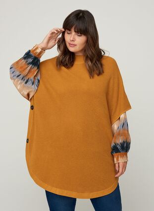 Short-sleeved knitted poncho with a high neck, Spruce Yellow, Model image number 0