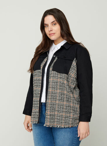 Denim jacket with check, Black, Model image number 0