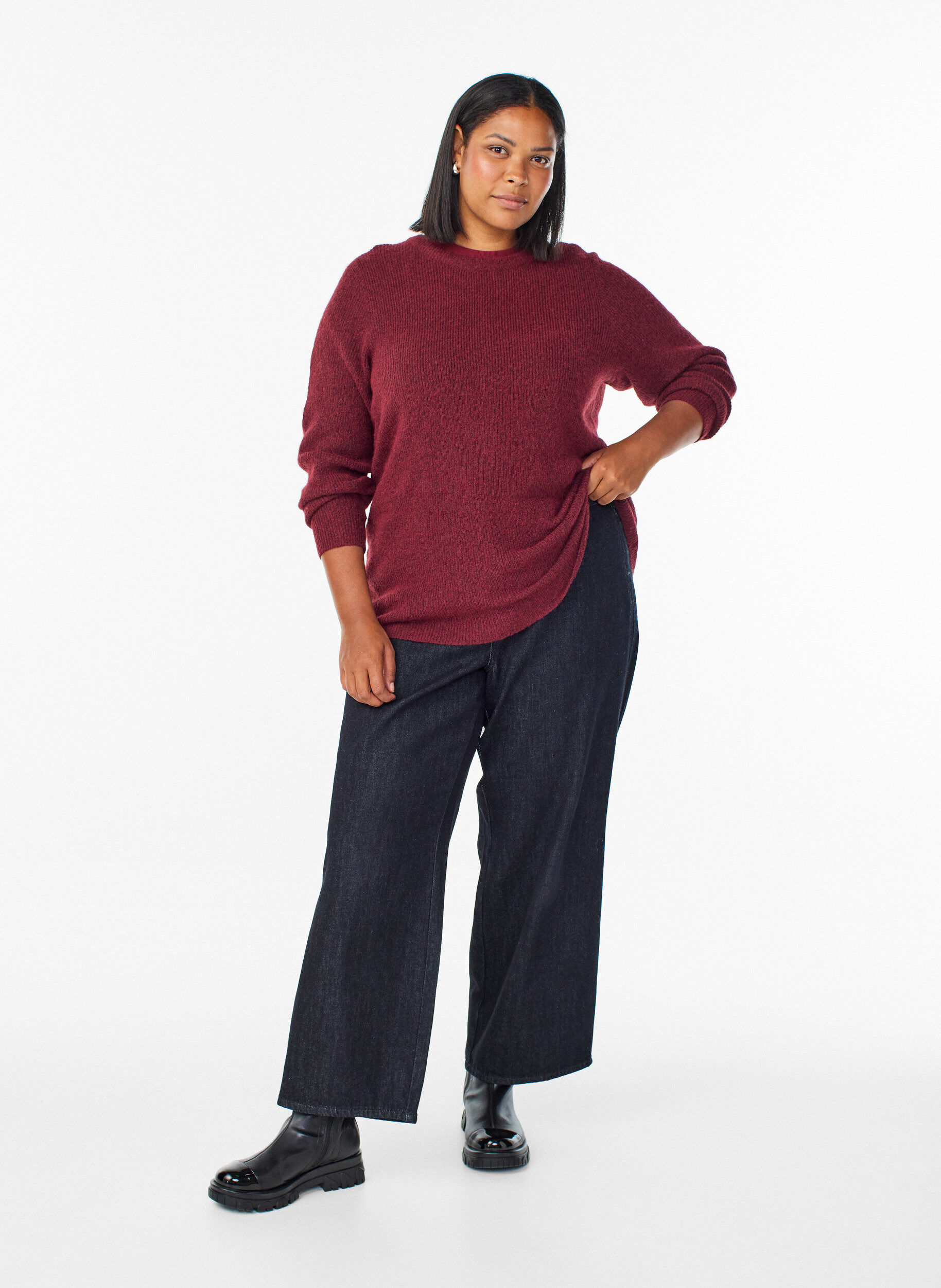 Zizzifashion Melange knit blouse with round neck, Red, Model image number 1