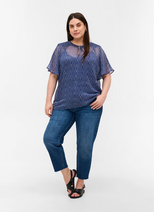 Short-sleeved blouse with tie details, Blue Indigo AOP, Model image number 2