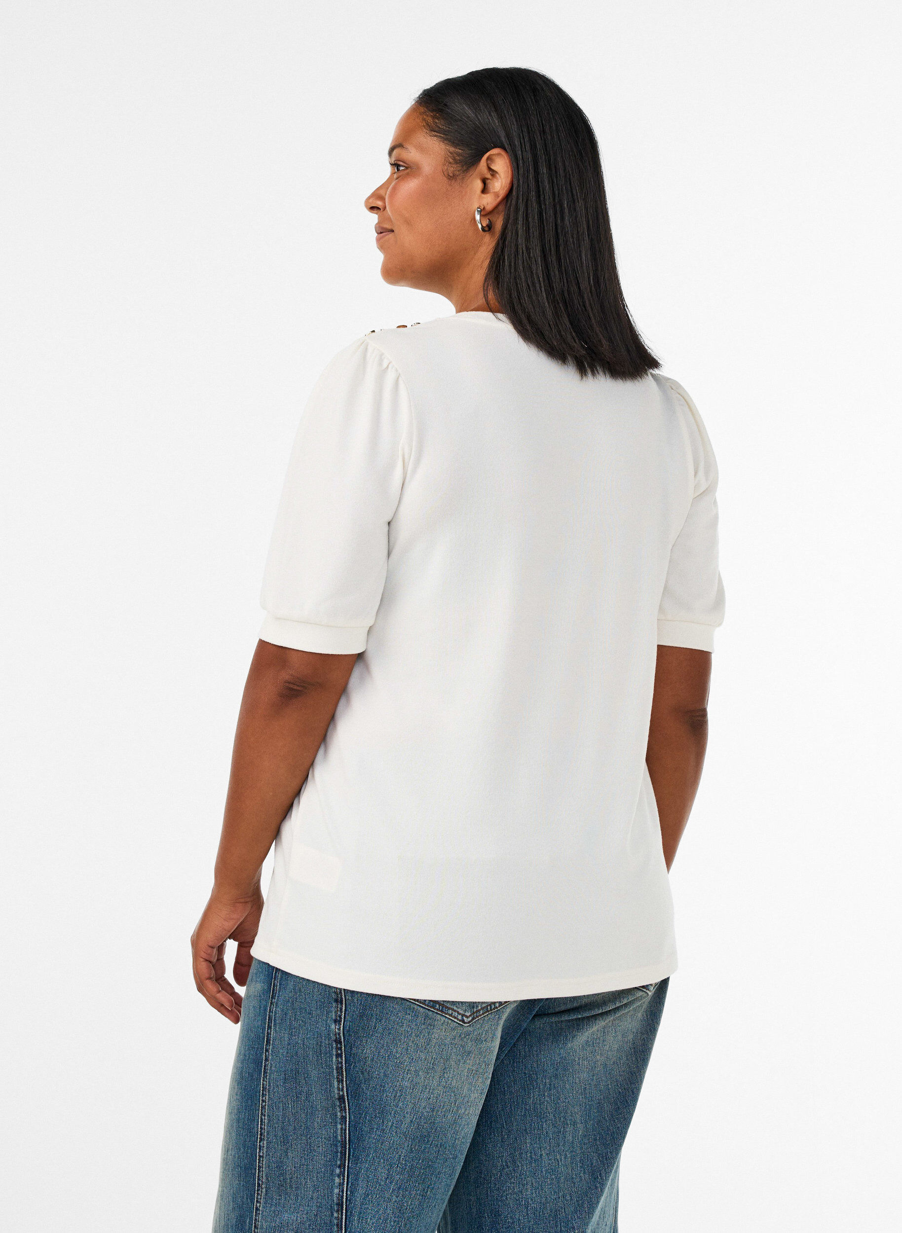 ZizzifashionBlouse with button detail and short puff sleeves, Beige, Model image number 2