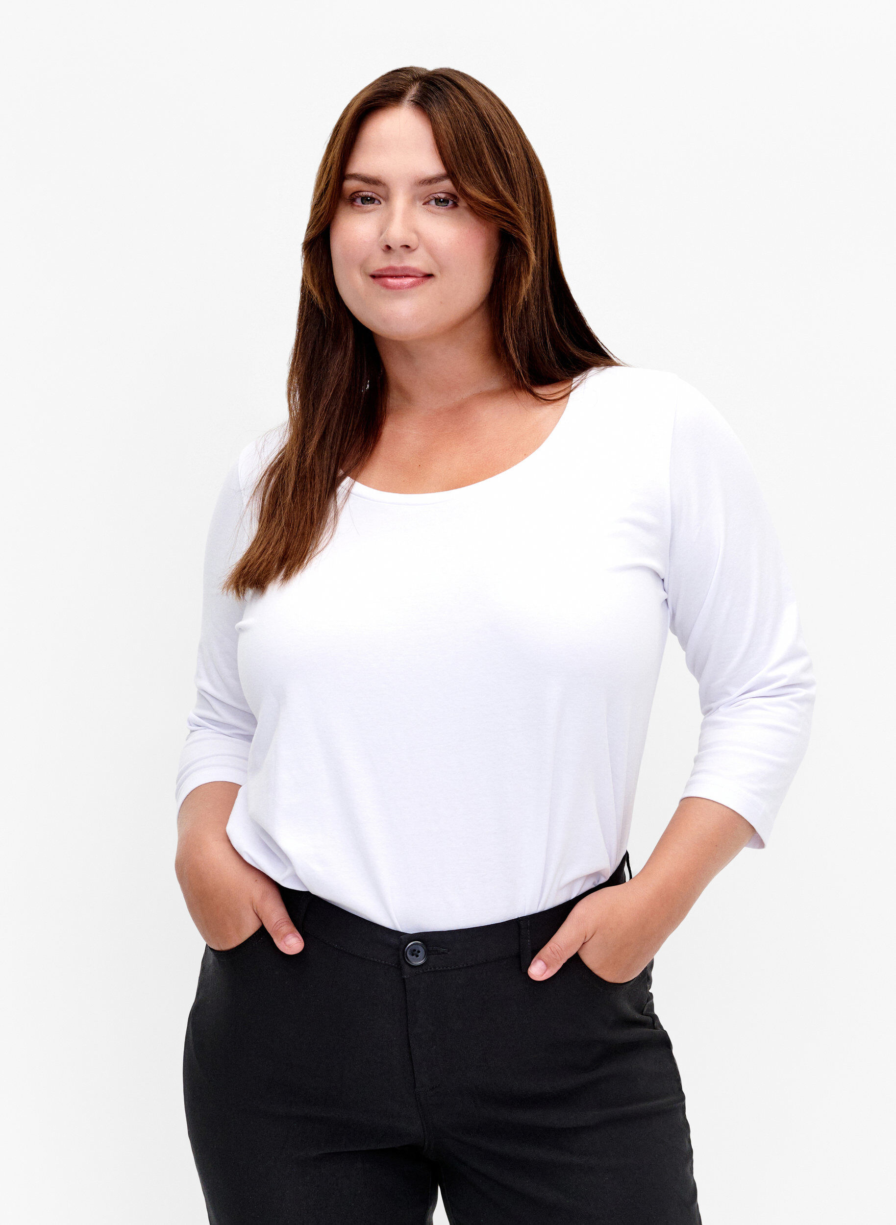 Basic cotton t-shirt with 3/4 sleeves, White, Model