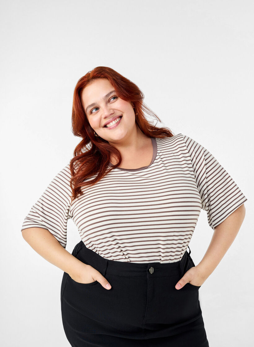 Striped T-shirt in lyocell with round neck, Brown, Image image number 0