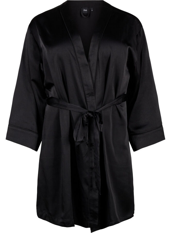 Satin kimono with belt, Black, Packshot image number 0