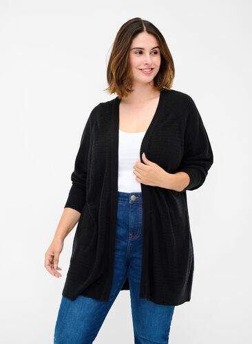 Textured knitted cardigan, Black, Model image number 0