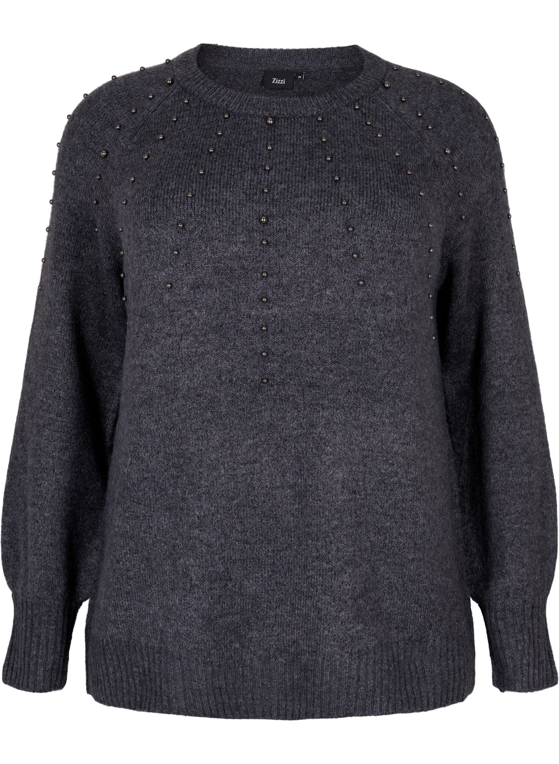 Zizzifashion Knitted jumper with beads, Dark Grey Melange, Packshot image number 0