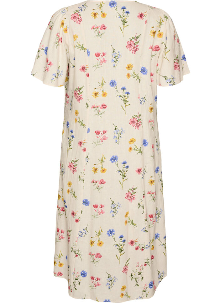 Midi dress in linen and viscose with ruffle sleeves, Beige, Packshot image number 1