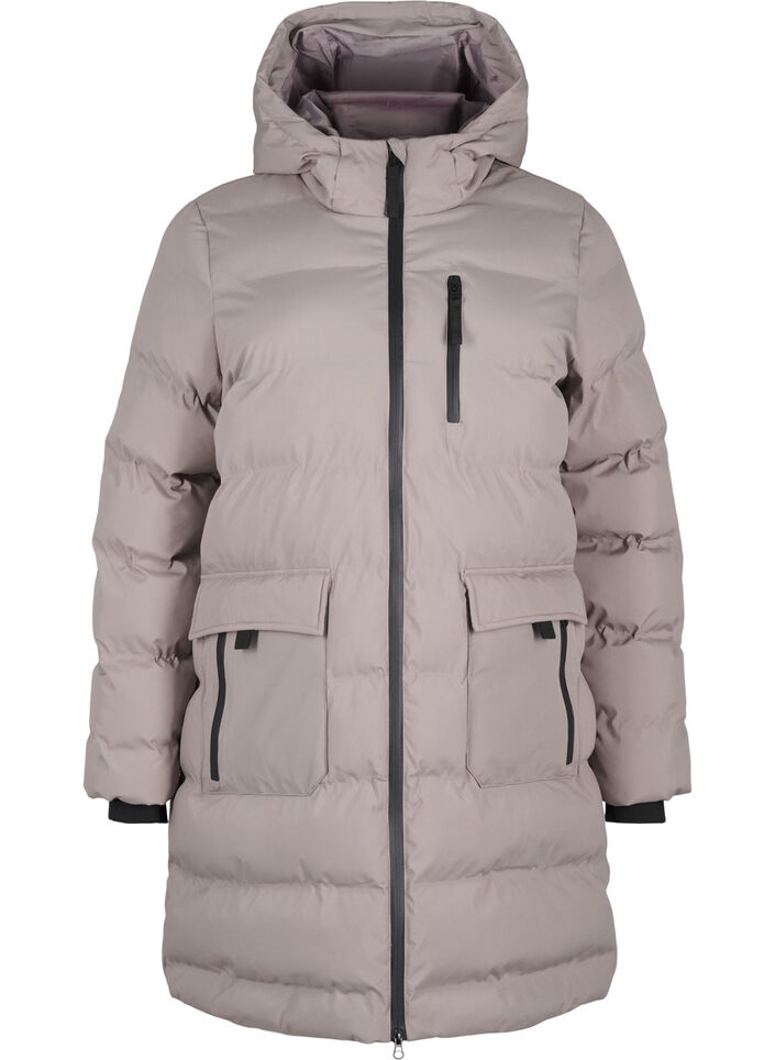 Puffer coat with hood and pockets, Beige, Packshot image number 0